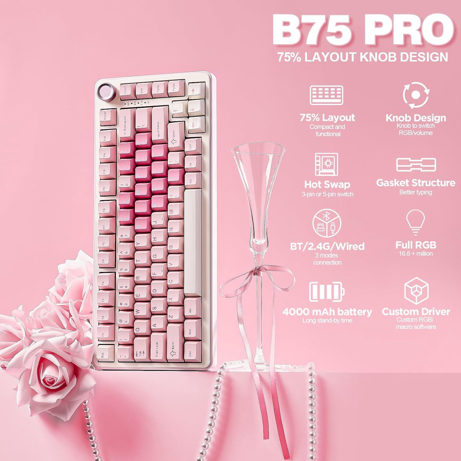 Custom 75% Layout Wireless Mechanical Keyboard with Knob, Hot-Swap Gasket Mount, RGB Backlit, Bluetooth Type-C 2.4G for Win Mac, Pre-Lubed Switches