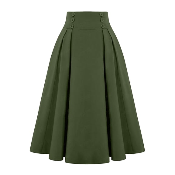 Women Casual Midi Skirt Vintage Button Elastic High Waisted Pleated A-Line Skirts