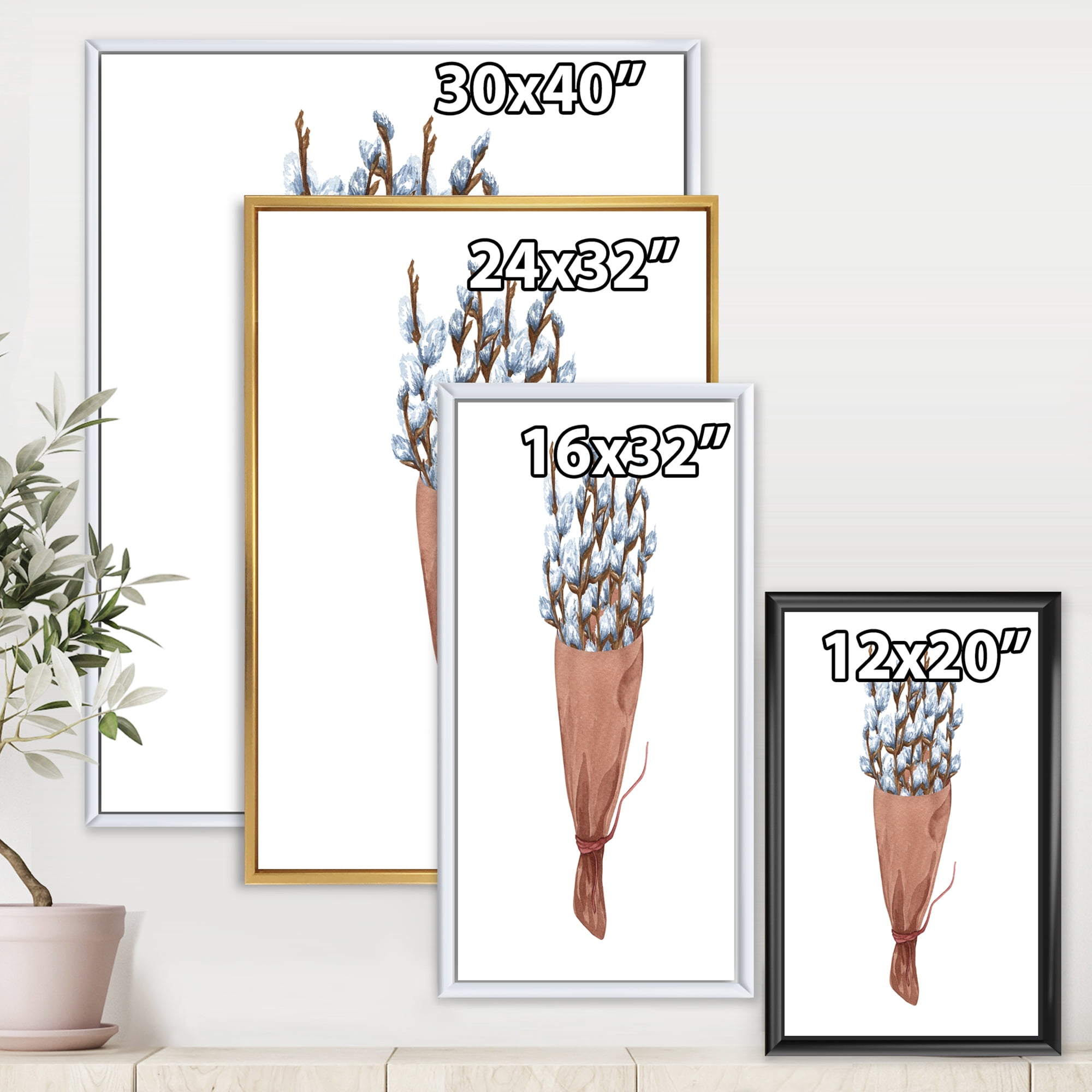 Designart 'Bunch of White Pussy Willow Twigs I' Farmhouse Framed Canvas Wall Art Print