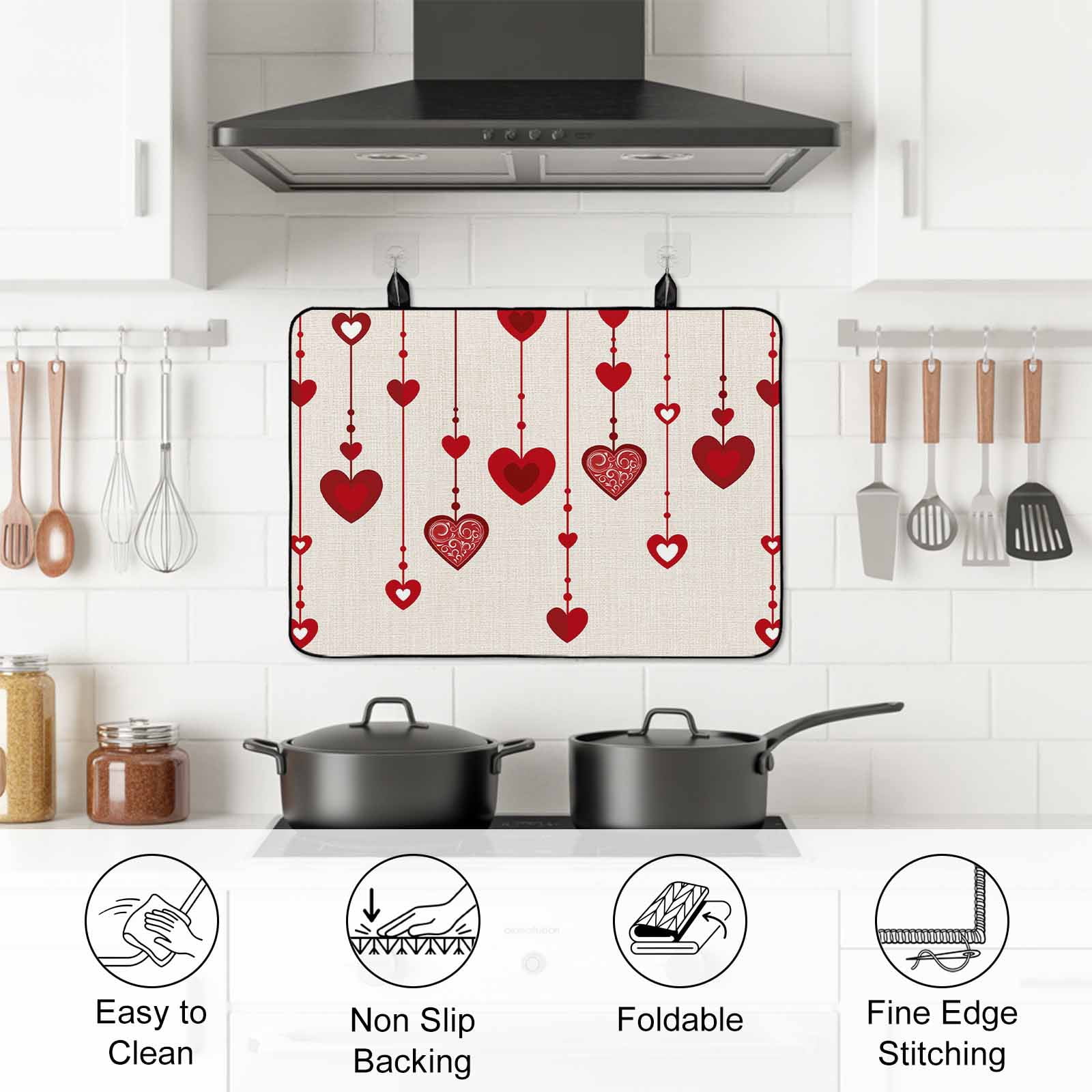 Valentines Love Heart Stove Top Cover for Electric Stove, Heat-proof & Non Slip Glass Top Stove Cover Protector, Red Love Heart Rustic Burlap Kitchen Flat Cooktop Rubber Mat 24x21 Inches