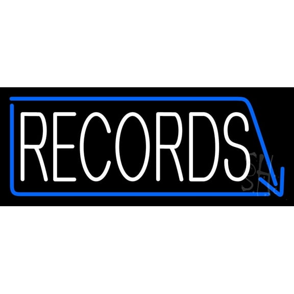 White Records With Blue Arrow 1 LED Neon Sign 13" Tall x 32" Wide - inches Black Square Cut Acrylic Backing, with Dimmer - Premium built indoor Sign for Studio, Club, Décor, Event, Storefront.