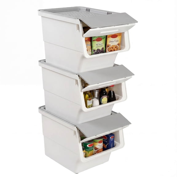 Costway 3 PCS Storage Bins on Wheels with Stay-Open Lid for Kitchen Bedroom Laundry Closet White Gray