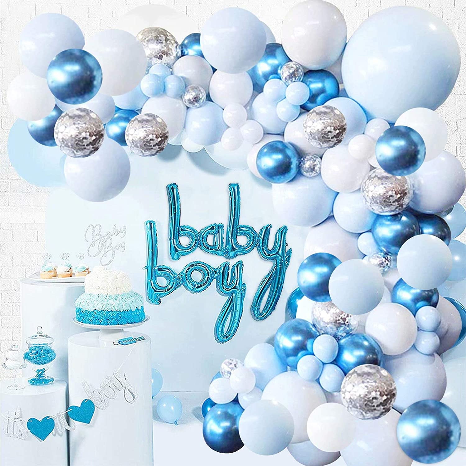 Blue Balloon Garland Arch Kit - 126 Pieces/PCS Metallic Blue White and Silver Confetti Latex Balloons for Baby Shower Birthday Wedding Graduation Bachelorette Anniversary Party Background Decorations
