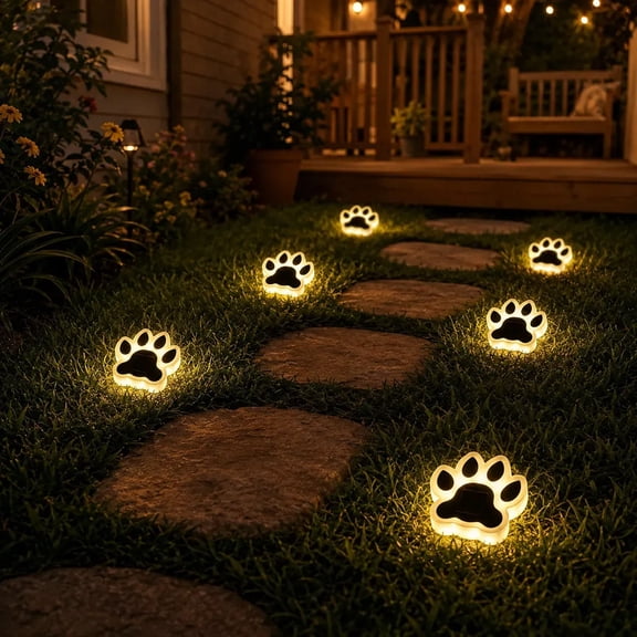Solar Powered Paw Print Path Light, Waterproof Outdoor Paw Shaped Decorative LED Lamp, Warm White Colorful Garden Light, Lawn Ornament for Garden Patio Yard