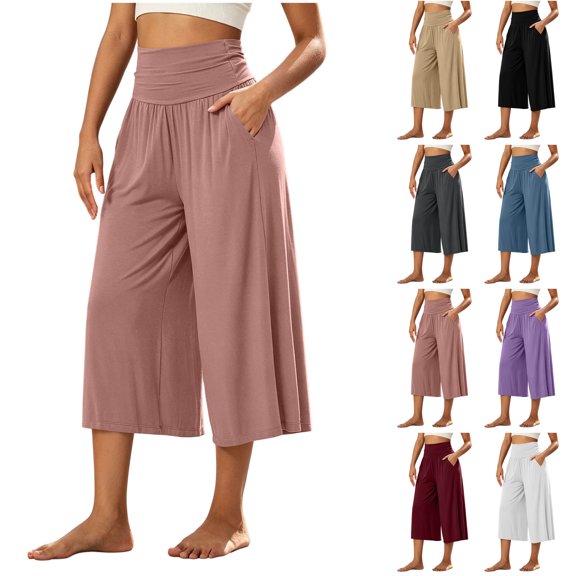 Bloomae Women's Wide Leg Palazzo Lounge Cropped Pants with Pockets Lightweight Loose Flowy Comfy Pajama Capri Pants Elastic Waist Workout Sweat Pants