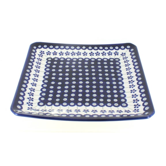 Blue Rose Polish Pottery Flowering Peacock Square Dinner Plate