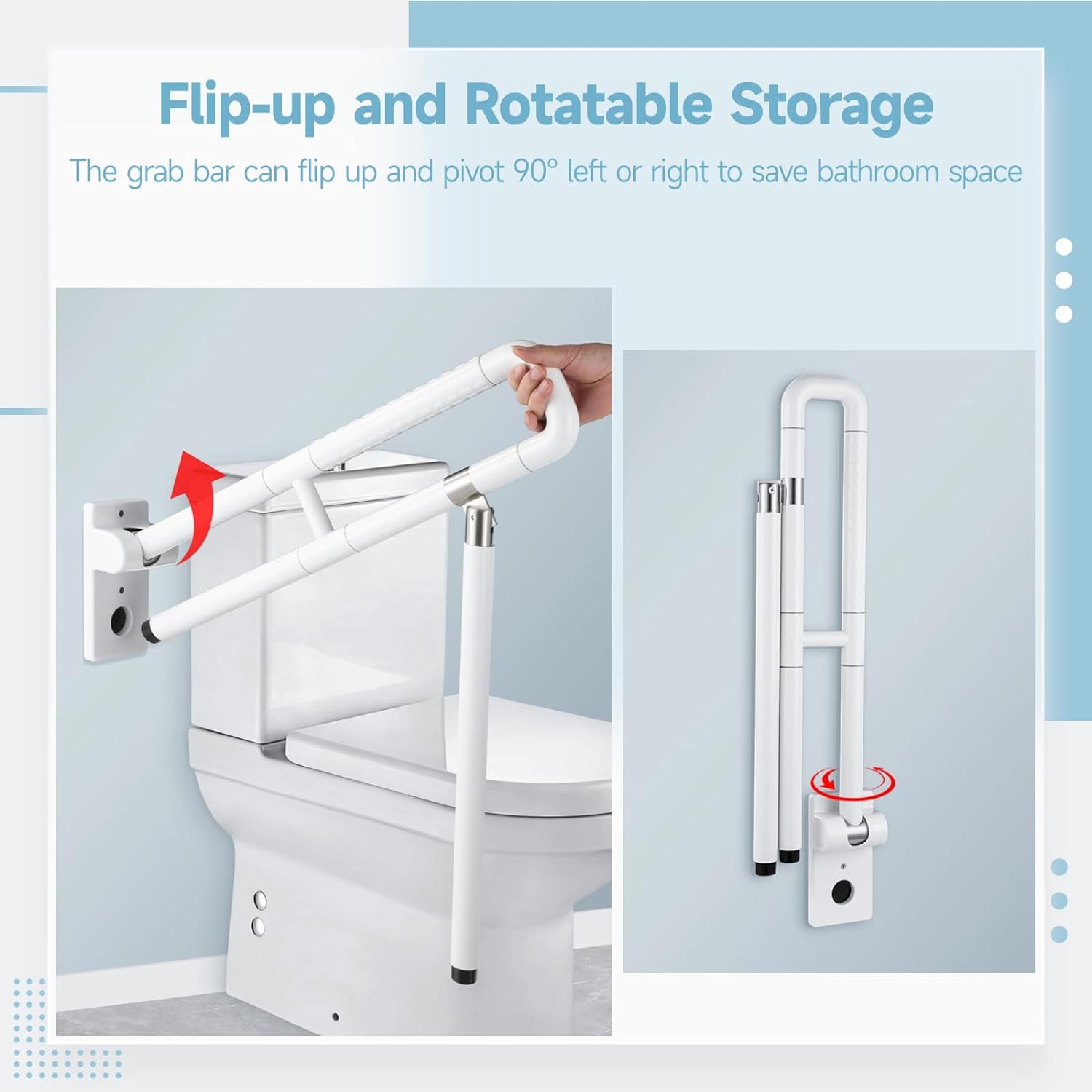 Flip Up Handicap Grab Bar, Wall Mounted Folding Toilet Safety Rail with Floor Support, Non-slip Toilet Handle for Bathroom, Assist Bar Handrails for Elderly Disabled Senior Pregnant