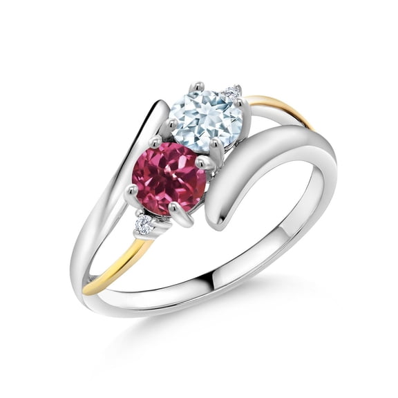 Gem Stone King 925 Silver and 10K Yellow Gold Sky Blue Aquamarine and Pink Tourmaline Ring for Women (1.04 Cttw, Gemstone Birthstone, Size 6)