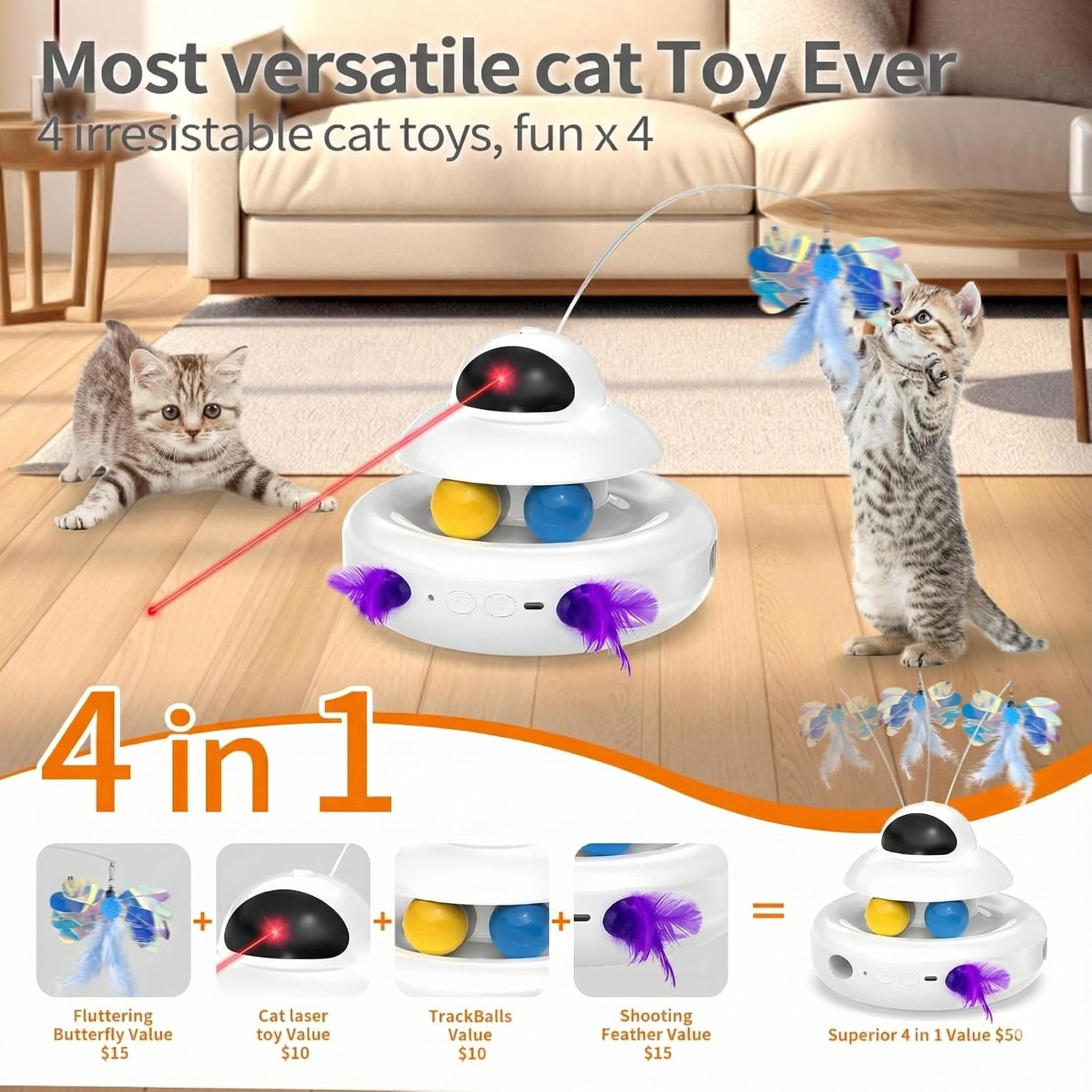 Cat Toys 4-in-1 Interactive For Indoor Cats With  Fluttering Butterfly Moving And Track Balls - Usb Rechargeable Self-play Kitten (white)