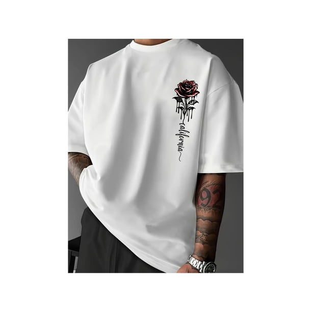 Camiseta de manga corta de algodón, cómoda, holgada, informal, con estampado de rosas para hombre, cuello redondo, mezcla de poliéster, secado rápido, para verano.