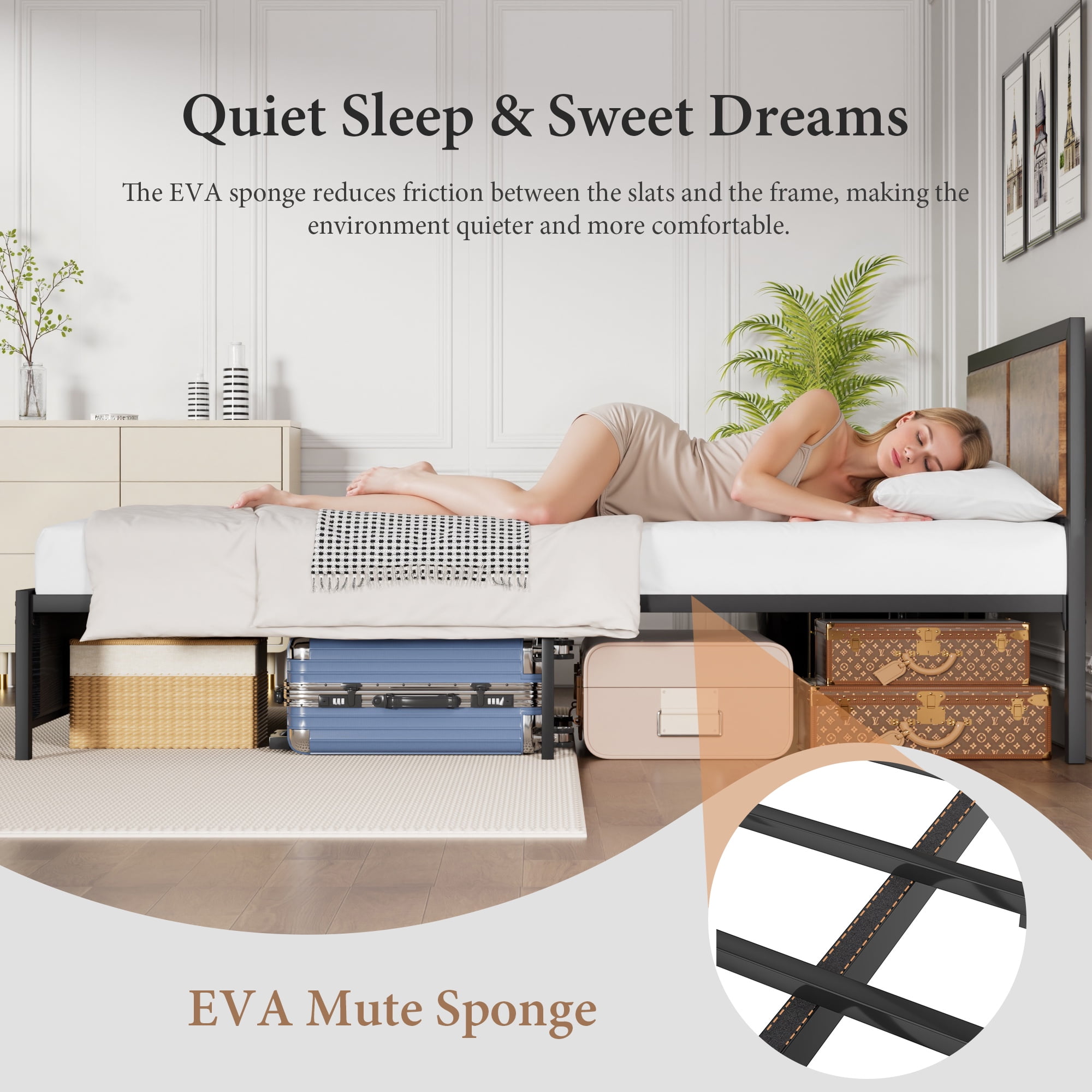 VECELO Metal Platform Bed Frame, Wooden Headboard and Footboard, Black & Wood Grain, Twin Size