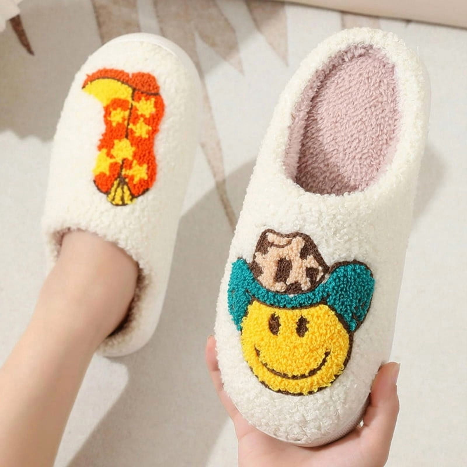 BERANMEY Cute Smile Cowboy Slippers for Women Perfect Soft Plush Comfy Warm Slip-On Western Boots Slippers fo Women Indoor Fluffy House Slippers for Women and Men Non-slip Fuzzy Flat Slides