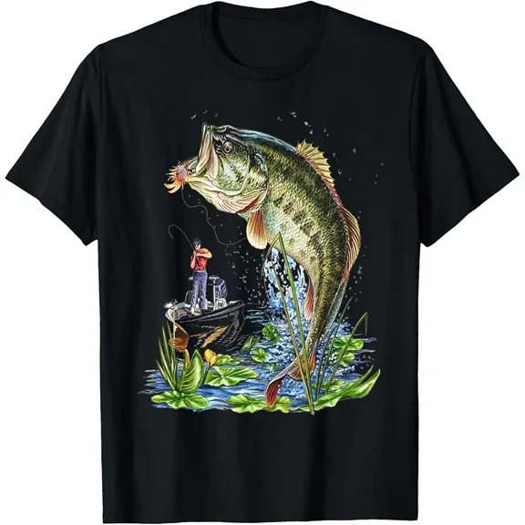 Jumping Largemouth Bass Fishing Gift for Fisherman Men Graphic Short Sleeve T-Shirt