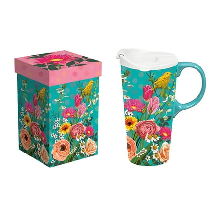 Ceramic Perfect Travel Cup, 17 oz., w/ box, Teal Goldfinch