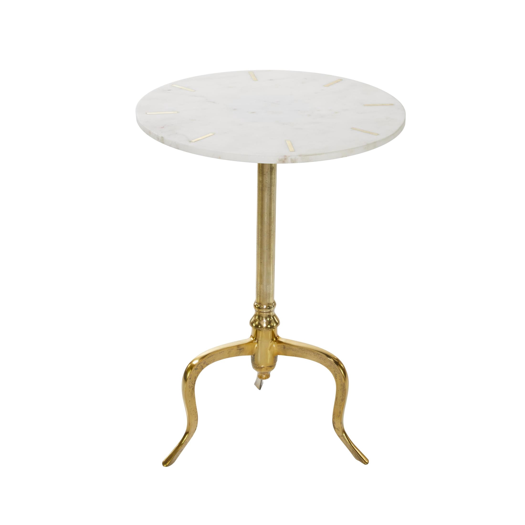 DecMode 18" x 25" White Marble Accent Table with Gold Inlay and Scrolled Base, 1-Piece