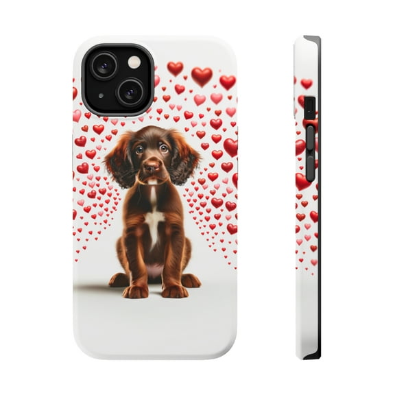 DistinctInk Tough Case for Apple iPhone 13 (6.1" Screen), Compatible with MagSafe Charging - Valentine's Day Field Spaniel Puppy
