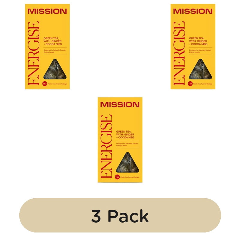 MISSION Energise Green Tea Bags with Cocoa Nibs + Ginger 15's, British Import (Pack of 3)