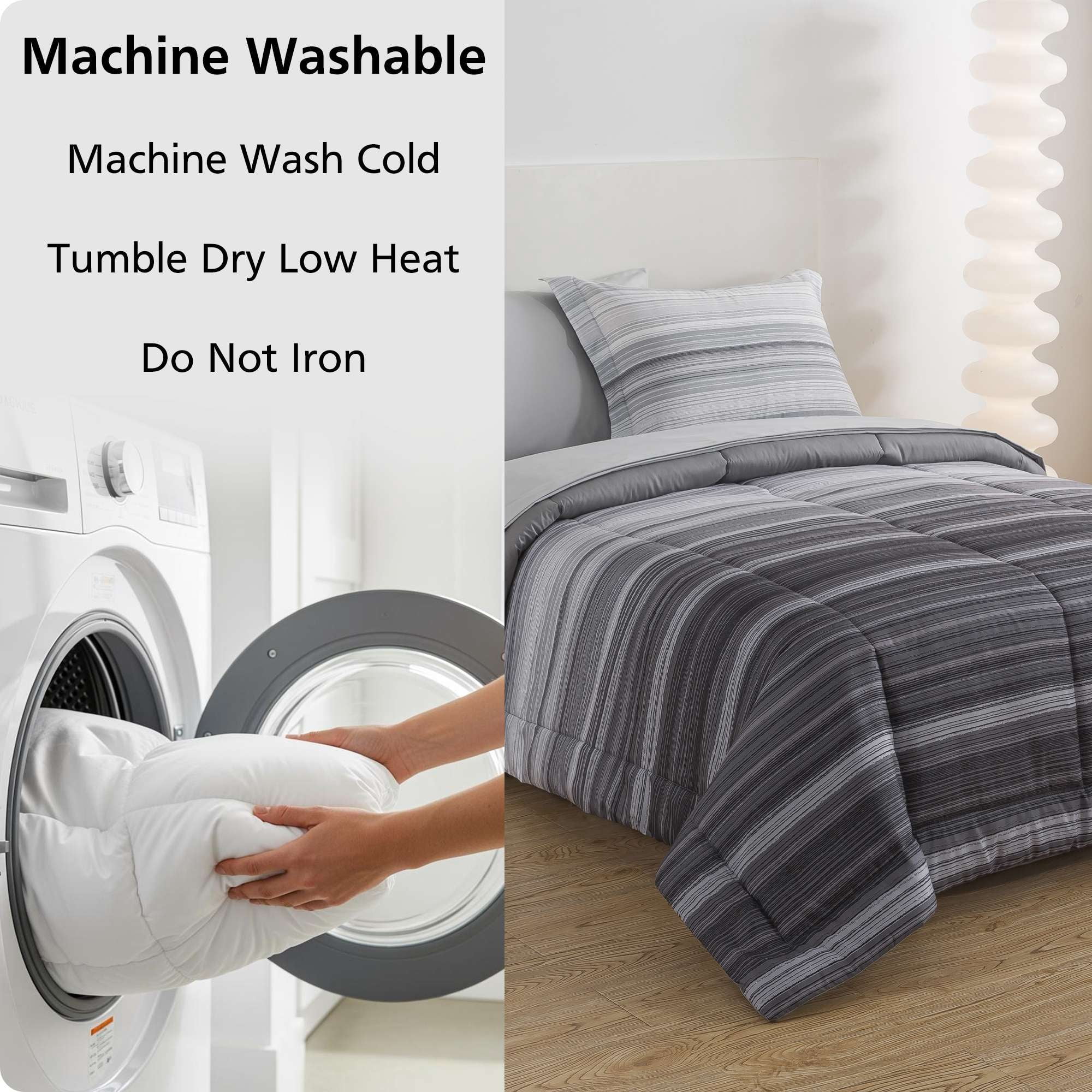 Mainstays All in One Reversible Comforter and Sheet Set, 5-Piece, Twin, Gray Stripe
