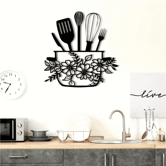 Black Metal Kitchen Wall Art, Floral & Utensil Rustic Farmhouse Decor