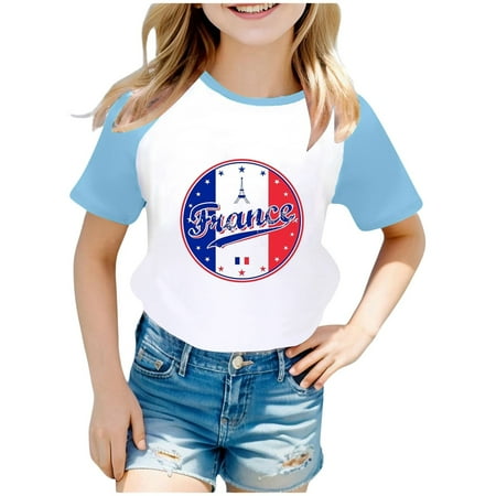 

Kids Shirts Girls Wear City Tourism Commemorative Print Raglan Sleeve Color Block Short Sleeve Children Tops