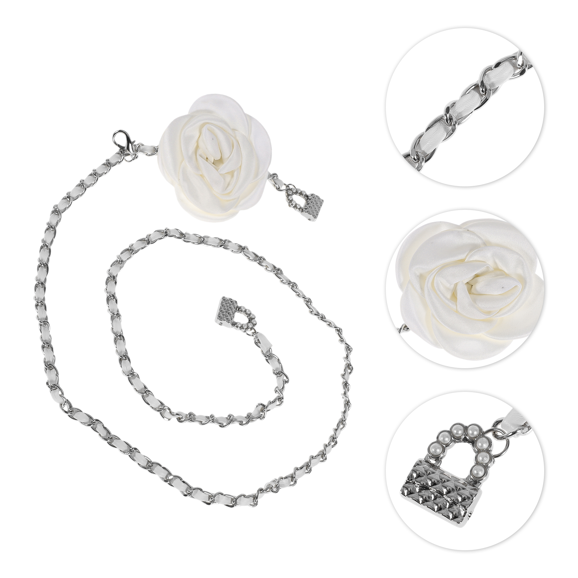 Unique Bargains Flower Adjustable Waist Belt with Adjustable Clasp Silver Tone White