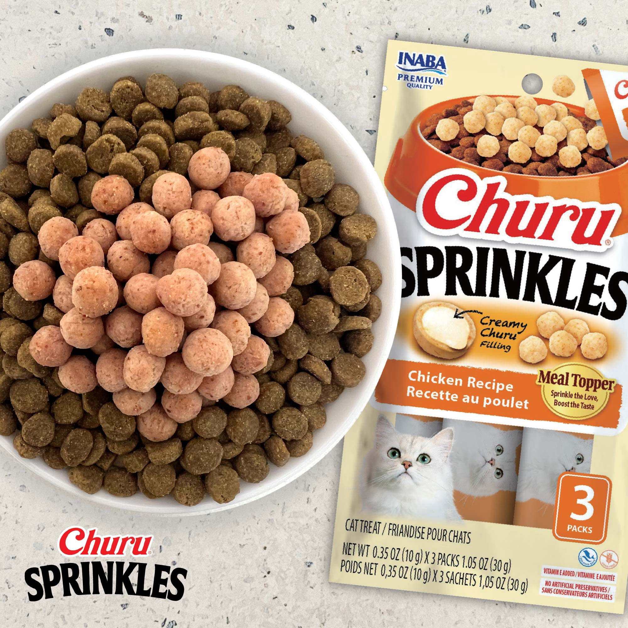 (16 pack) INABA Churu Sprinkles Cat Meal Topper, Soft & Chewy Baked Chicken with Taurine, Tuna & Salmon Recipe, 0.35 oz Packs, 3‑Count