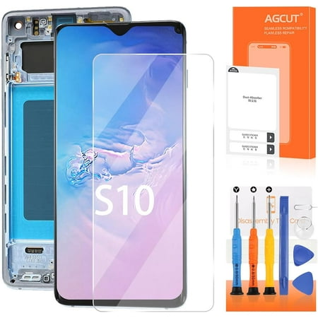 AMOLED for Samsung Galaxy S10 Screen Replacement for SM-G973F LCD for Samsung S10 Display Touch SM-G973U SM-G973W Digitizer Assembly Repair Part Blue with Frame(Supports Fingerprint)