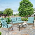 thumbnail image 6 of 4 Piece Patio Furniture Set, All Weather Outdoor Sectional Sofa Manual, Metal & Wicker Frame Patio Conversation Set with Coffee Table & Blue Cushions, 6 of 8