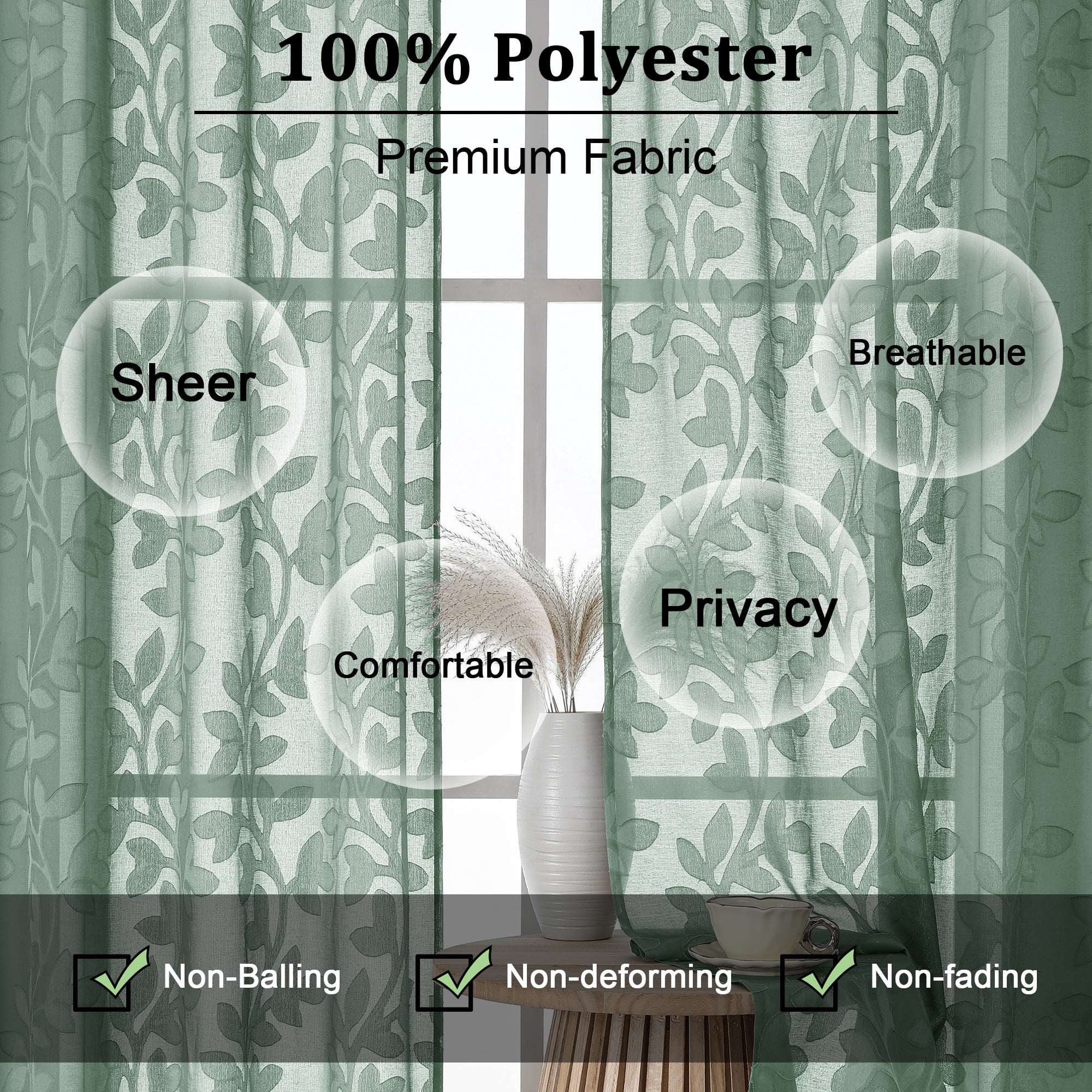 OVZME Darla Sage Green Sheer Curtains, 2 Panels Set 52x120 Inch, Light Filtering Soft & Breathable, Jacquard Farmhouse Textured Window Drapes for Living Room,52Wx120L Inch, Sage Green