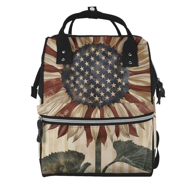 Fotbe USA Sunflower Flag Mochila Maternidad - Lona de Sarga Impermeable, Mochila de Pañales de Gran Capacidad con Múltiples Bolsillos y Correas Ajustables