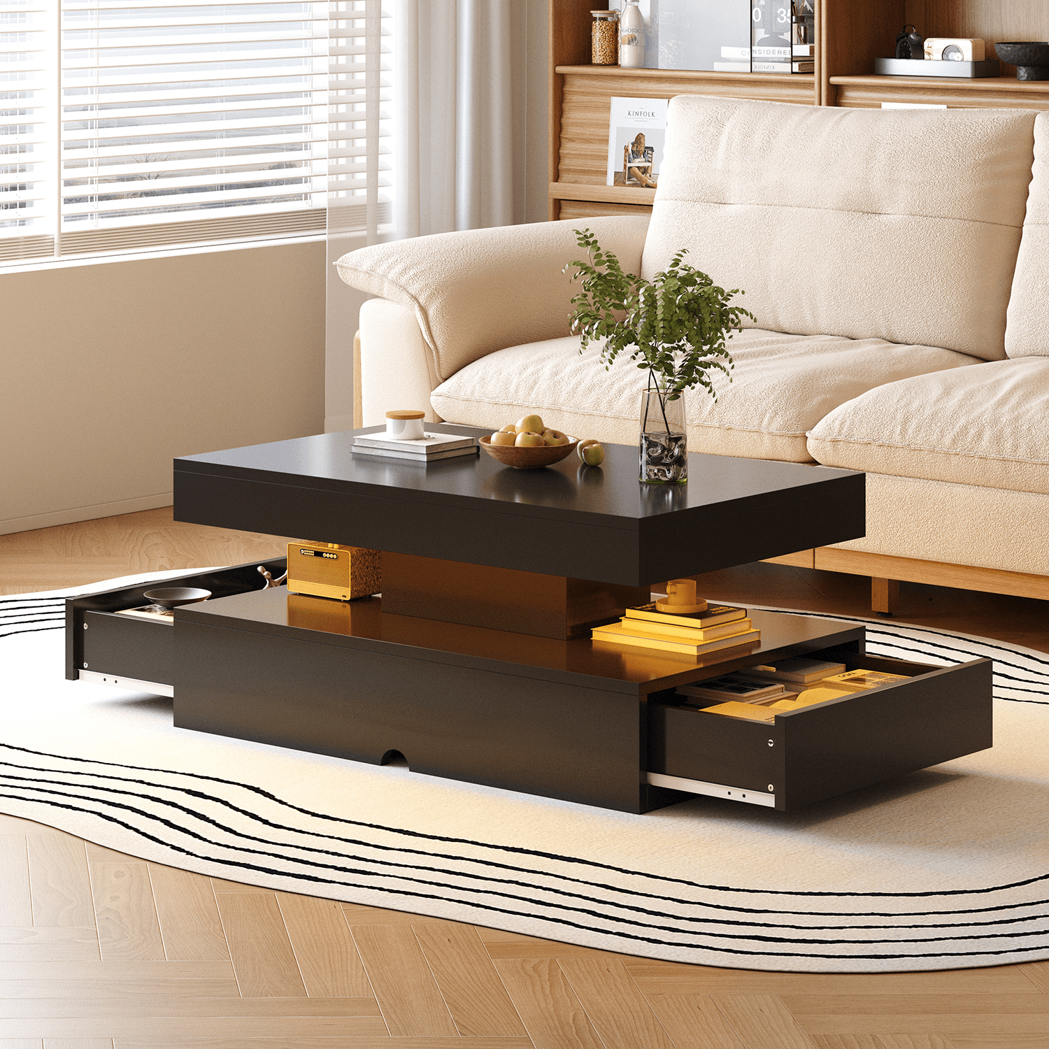 Sonegra 39" High-Glossy LED Coffee Table, Storage Coffee Table with 2 Sliding Drawers for Living Room, Modern Stylish Double-Layer Center Tables with LED Lights, Black