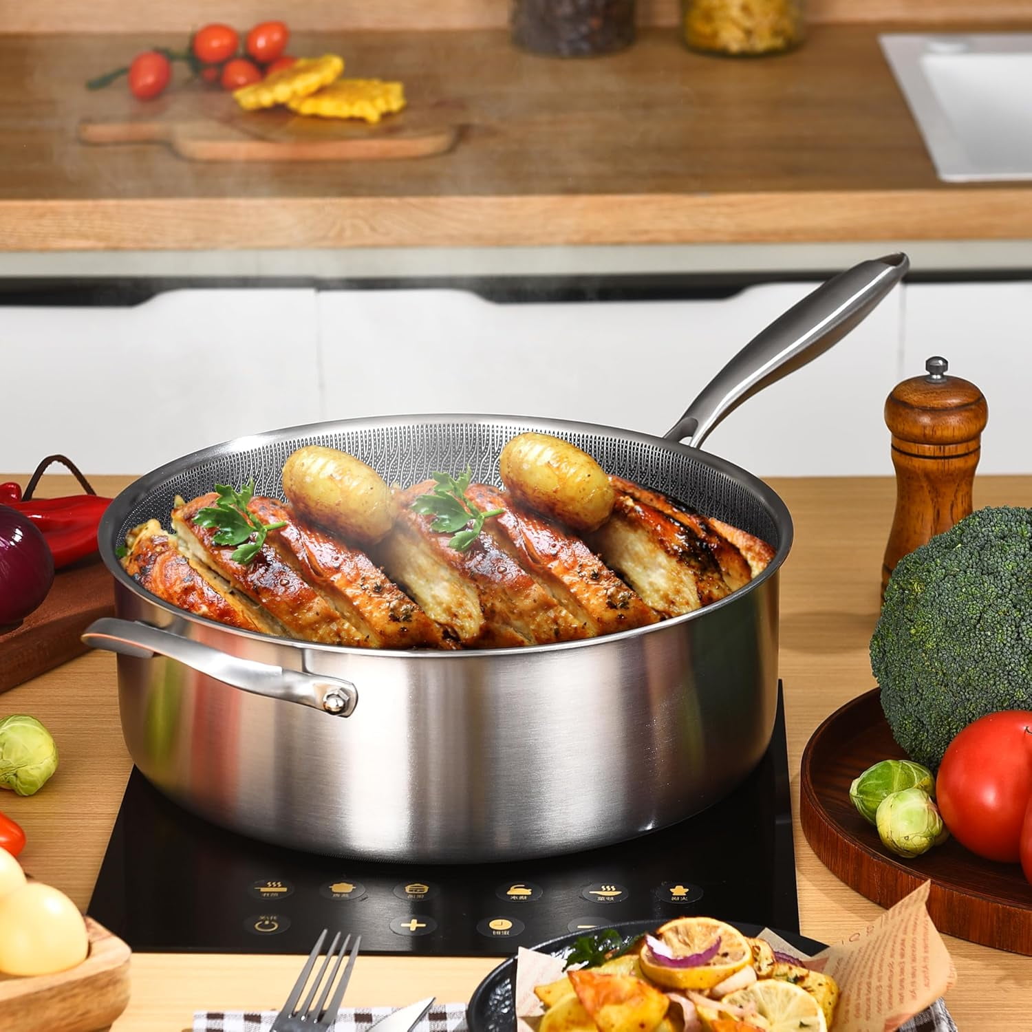 LOLYKITCH 7 Quarts Hybrid Non Stick Tri-Ply Stainless Steel Sauté Pan with Lid,12 inch Deep Frying Pan,Large Skillet,Induction Cooking Pan,Oven Safe and Detachable Handle.