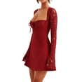 thumbnail image 2 of Michellecmm Women’s Lace Long Sleeve Dress, Low Cut Back Tie Mini Dress Tunic Dress Party Wear, 2 of 8