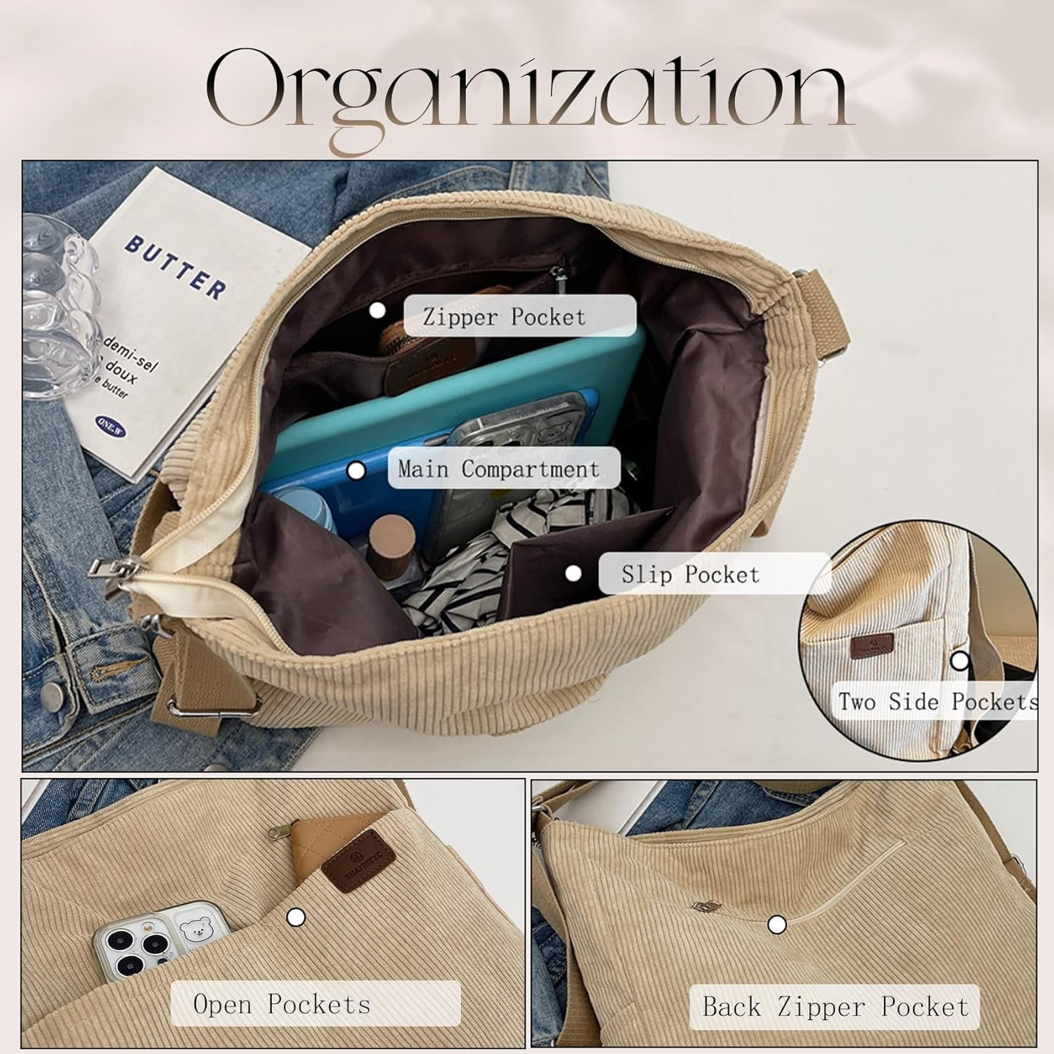 Corduroy Tote Bag for Women Convertible Backpack Purse Crossbody Hobo Shoulder Bag with Multi Pockets Compartments