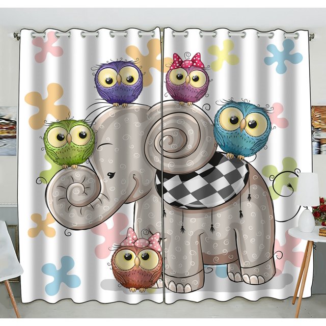 Cortina opaca ABPHQTO elefante de dibujos animados cinco búhos flores 130x210 cm (dos piezas)