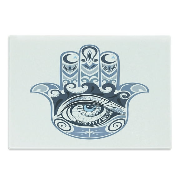Evil Eye Cutting Board, Cultural Luck Piece Hand Drawn Superstitious, Decorative Tempered Glass Cutting and Serving Board, Large Size, Dark Blue Pale Blue, by Ambesonne