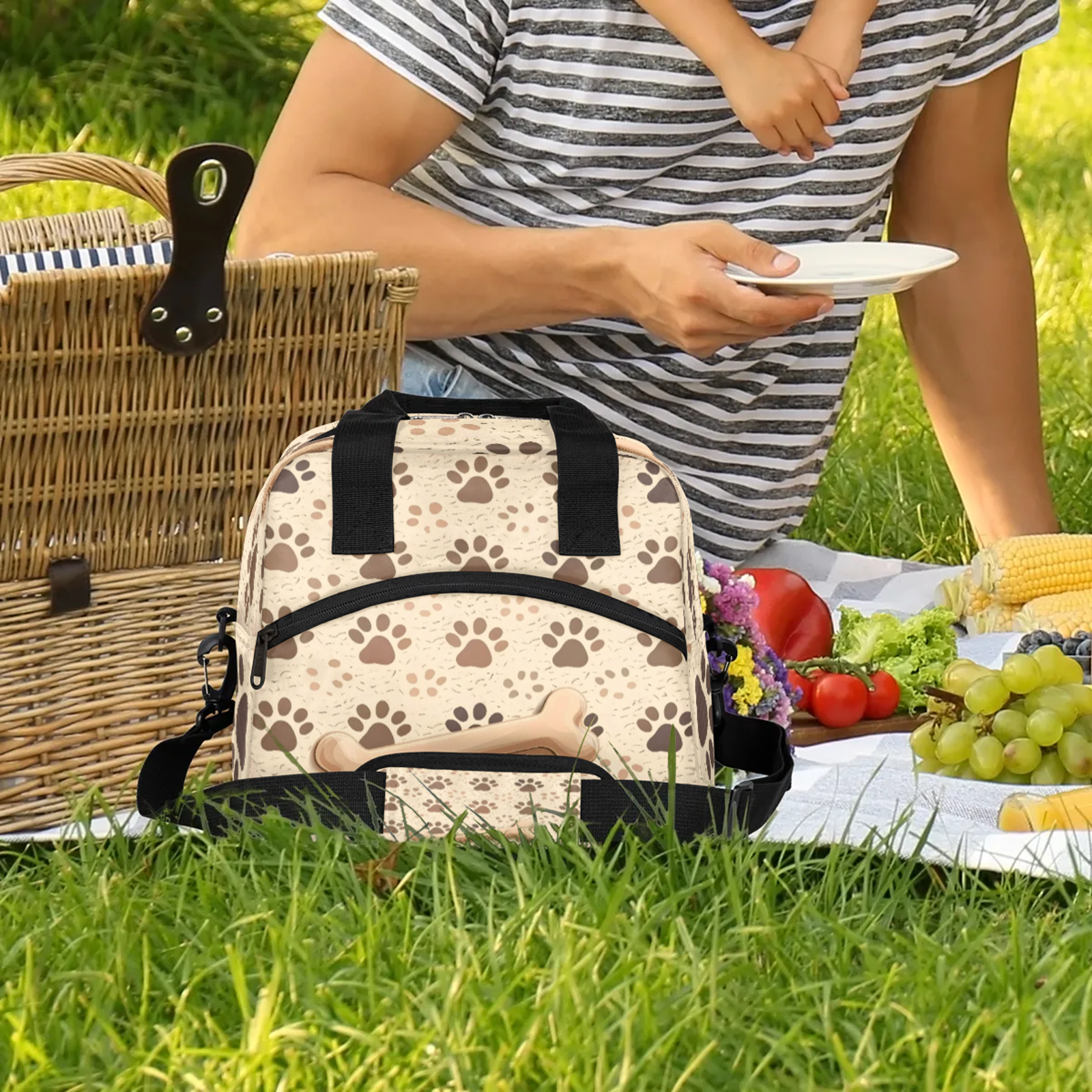 Herdesigns Dog Bones Paw Insulated Lunch Bag for Women Men Adult, Reusable Insulated Cooler Lunch Box Lunch Tote Bag for Work Picnic Beach
