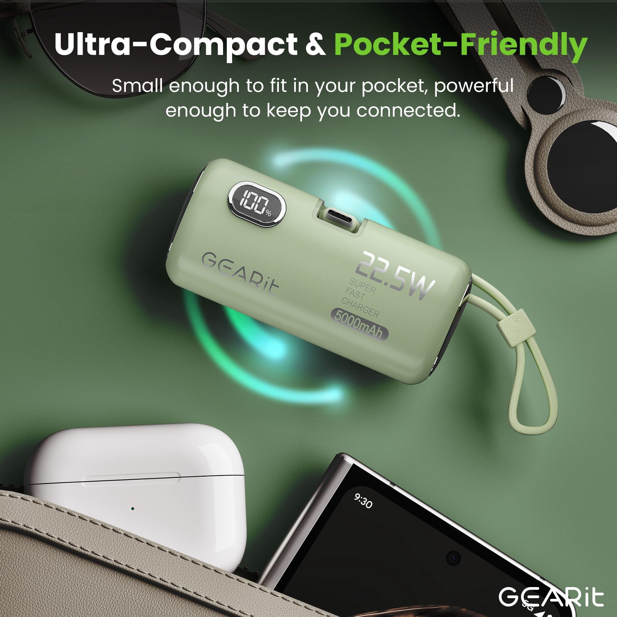 GEARit Dual Output 5000mAh Power Bank - Small Battery Pack with USB-C and Lightning Connectors, Battery Display - Compact Portable Charger