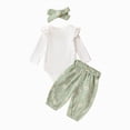 thumbnail image 3 of TOWED22 Baby Girl Fall Winter Clothes 3pcs Long Sleeve Round Neck Print Romper Bodysuit Flare Pants Headband Outfits Set(Light Green,3-6 M), 3 of 9