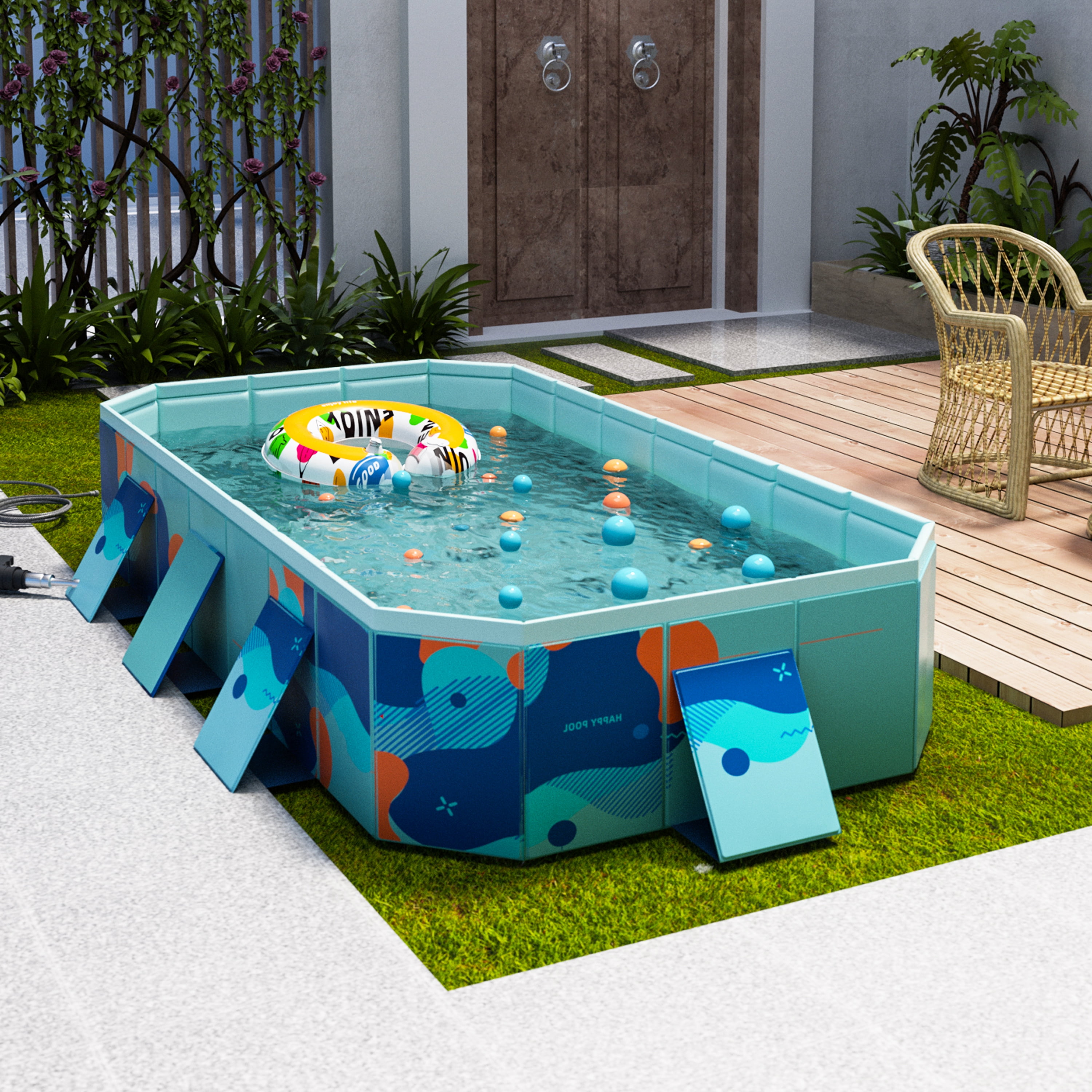Hyindoor Outdoor Foldable Non-Inflatable Adults and Kids Swimming Pool Anti-Slip Hard Plastic for Lawn Garden Backyard（116" x 65" x 21"）