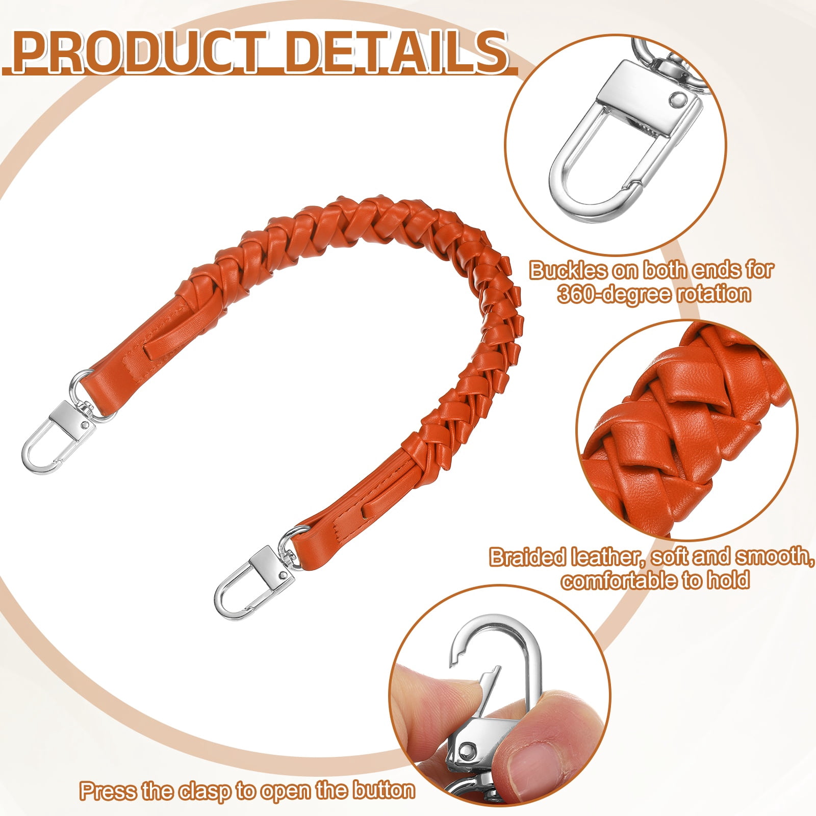 Braided Purse Strap, 2Pack 44.7cm/17.6" Orange PU Leather with Silver Buckles for Underarm Bags, Handbags
