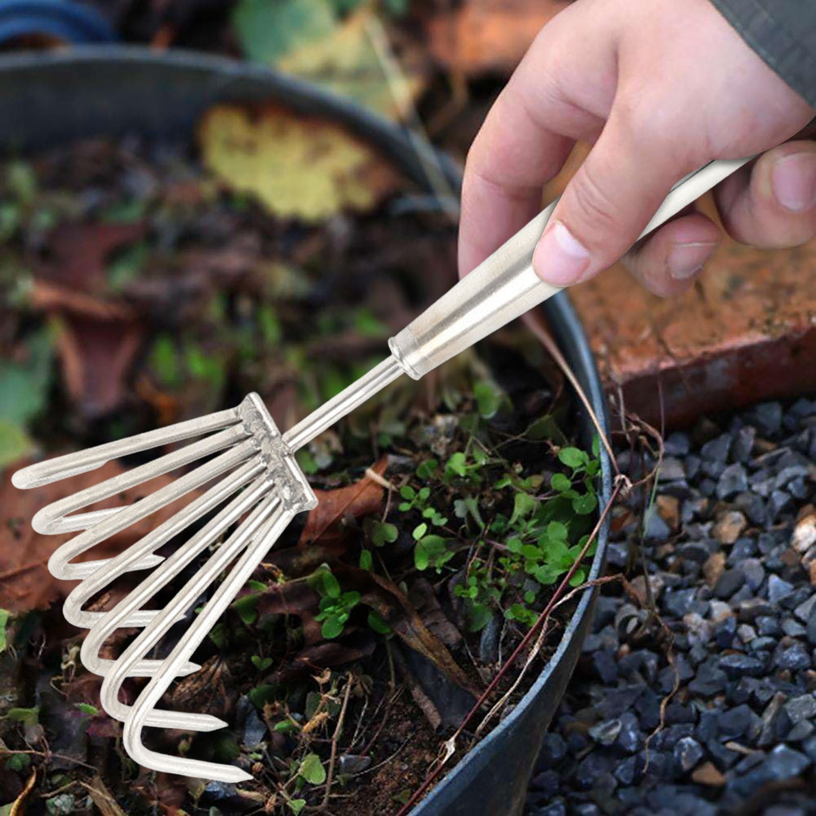 Stainless Steel Hand Rake - 7-Claw Heavy Duty Garden Cultivator with Ergonomic Handle, Soil Tiller and Weeding Tool for Gardening, Cultivating, Loosening Soil and Spreading Mulch