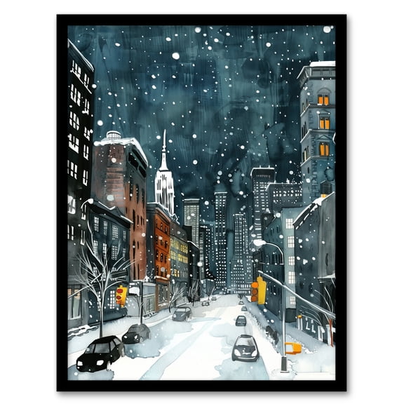 Artery8 New York City Street Winter Night Snow Cityscape Living Room Art Print Framed Poster Wall Decor 12x16 inch