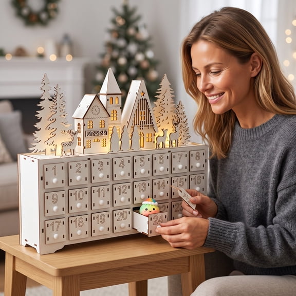 Christmas Advent Calendar 2026, 24 Days of Christmas Countdown, Lighted Village Display, 24 Fillable Drawers, Xmas Gifts for Family