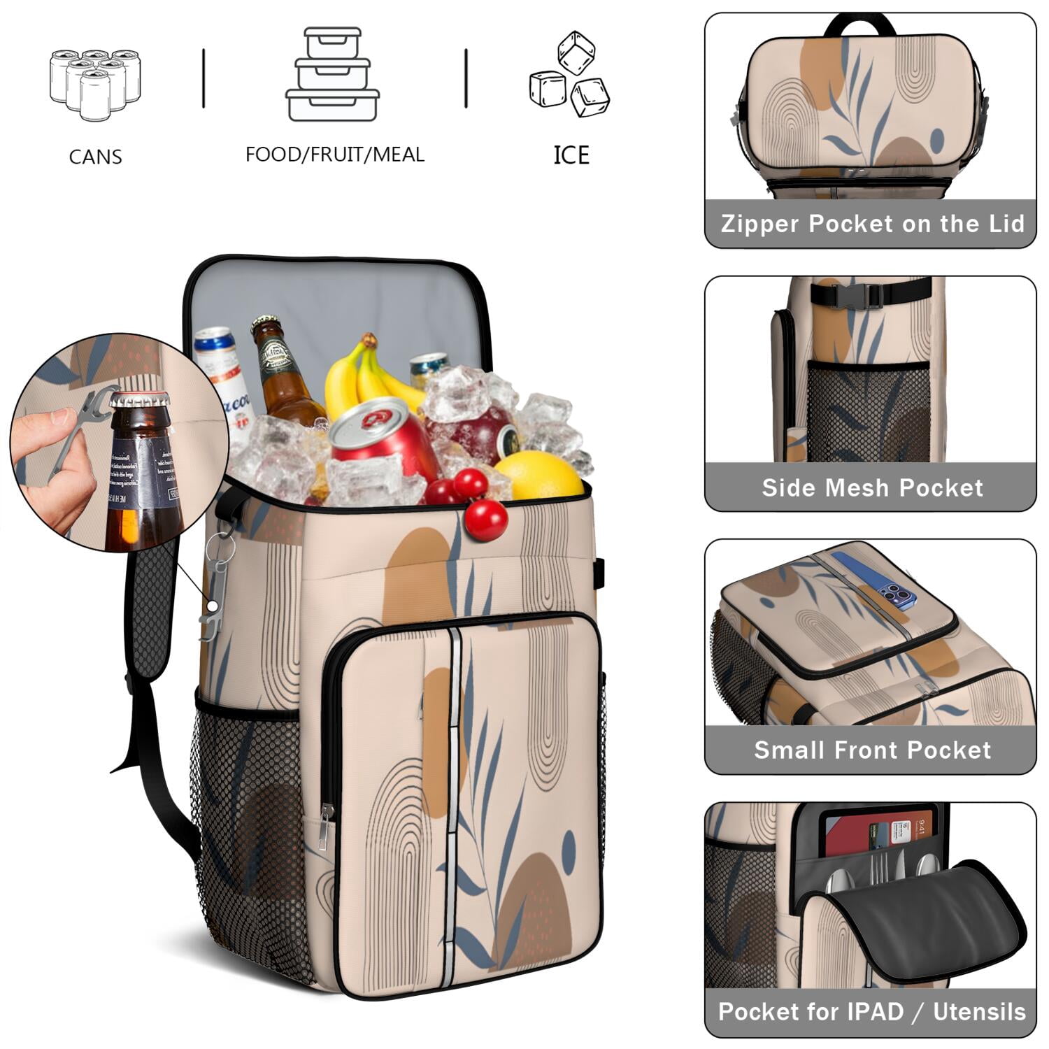 Travel Cooler Bag - Boho Bohemian Art Camping Beer Cooler Backpack with Bottle Opener- Waterproof Insulated Picnic Backpacks - Cooler Bag for Beach