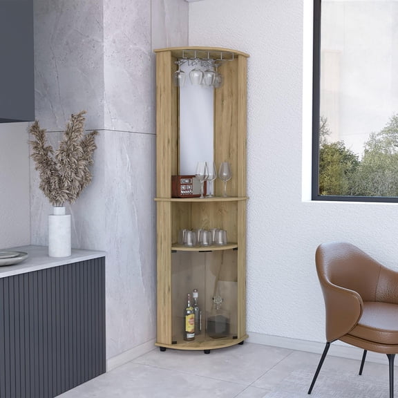 Tuhome Chicago 75" Corner Bar Cabinet with Mirrored Back, Double Glass Doors, Stemware