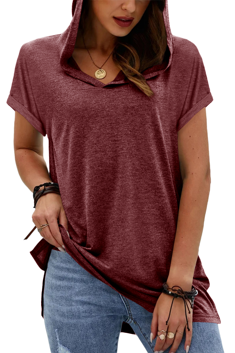 Summer Short Sleeve Solid Color Hooded T-Shirt Female Casual Sport