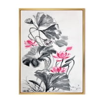 Designart 'Pink Vintage Lotus Flower and Monochrome Leaves' Traditional Framed Canvas Wall Art Print
