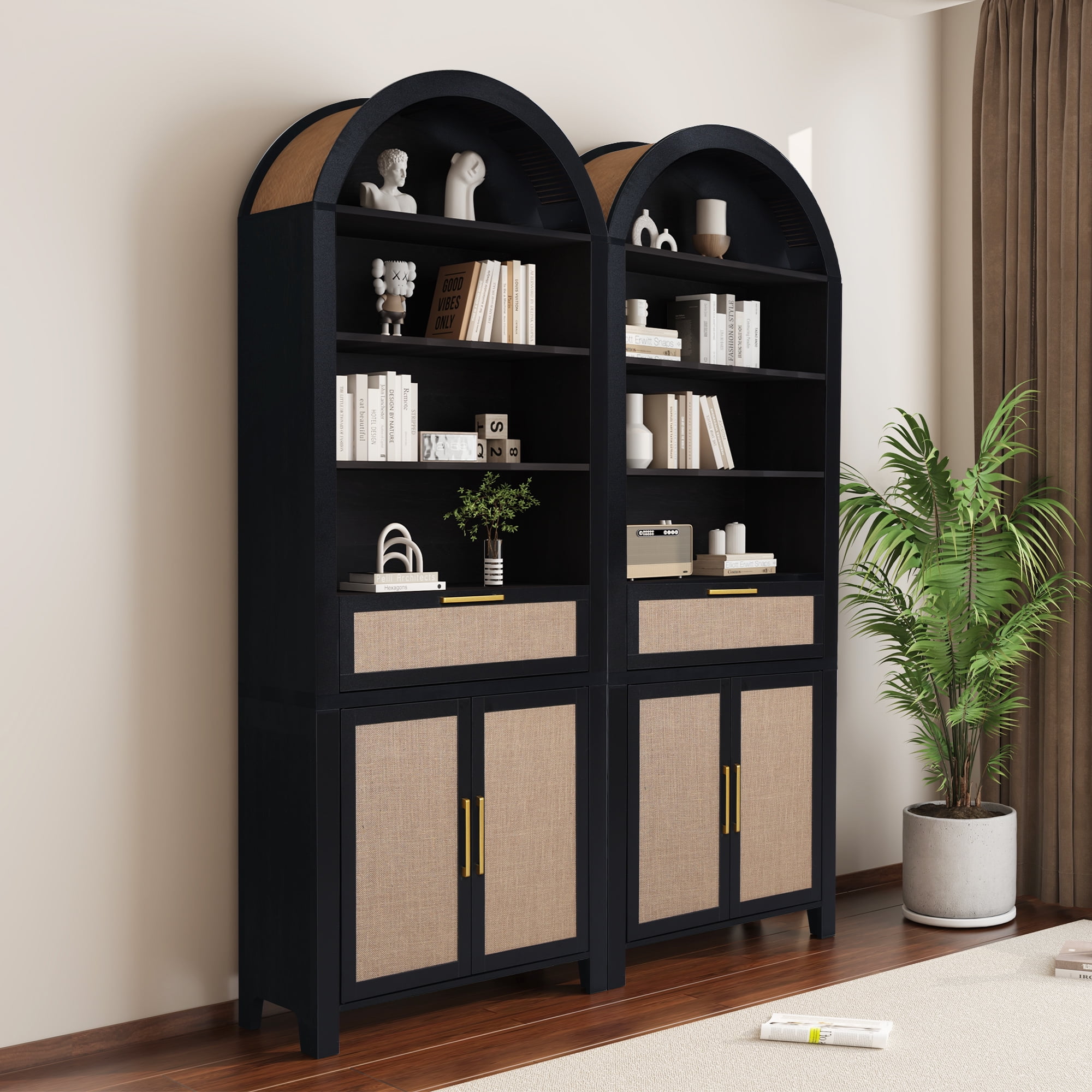 LEFHDA 2PCS 78" Tall Bookshelf, Arched Bookcase with Drawers, Mid-Century Modern 6-Tier Bookshelf with Storage, Rattan Open Display Storage Shelf Bookshelf for Living Room Bedroom & Classroom(Black)