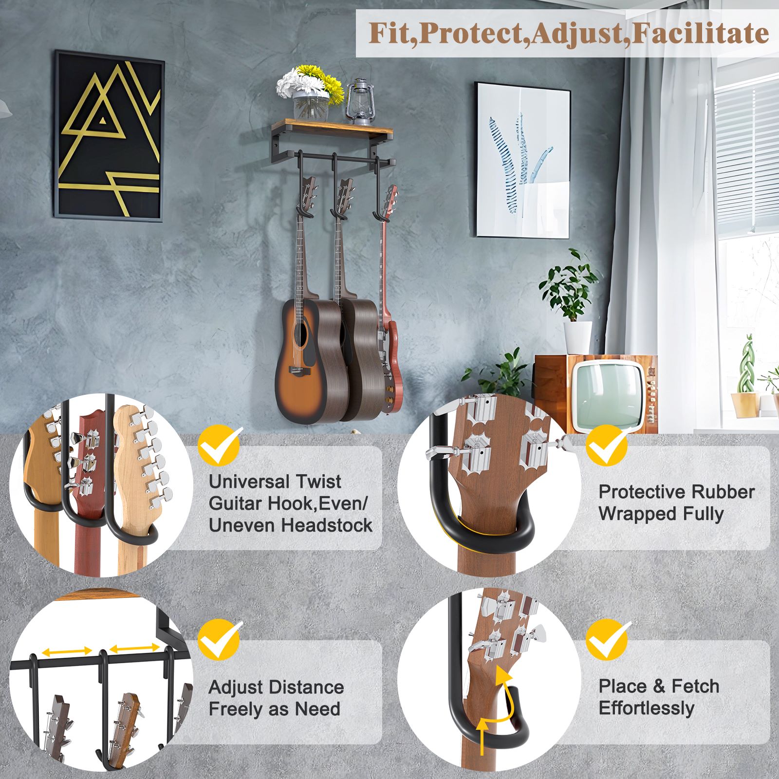 Olakee Guitar Wall Hangers with Mounting Kit — Dual-Twist Hook, Heavy-Duty Steel & Wood Shelf, 3-in-1 Display System, 44lb Capacity